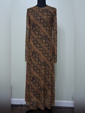 Zara Brown Snake Print Mesh Tulle Long Sleeve Maxi Dress Small